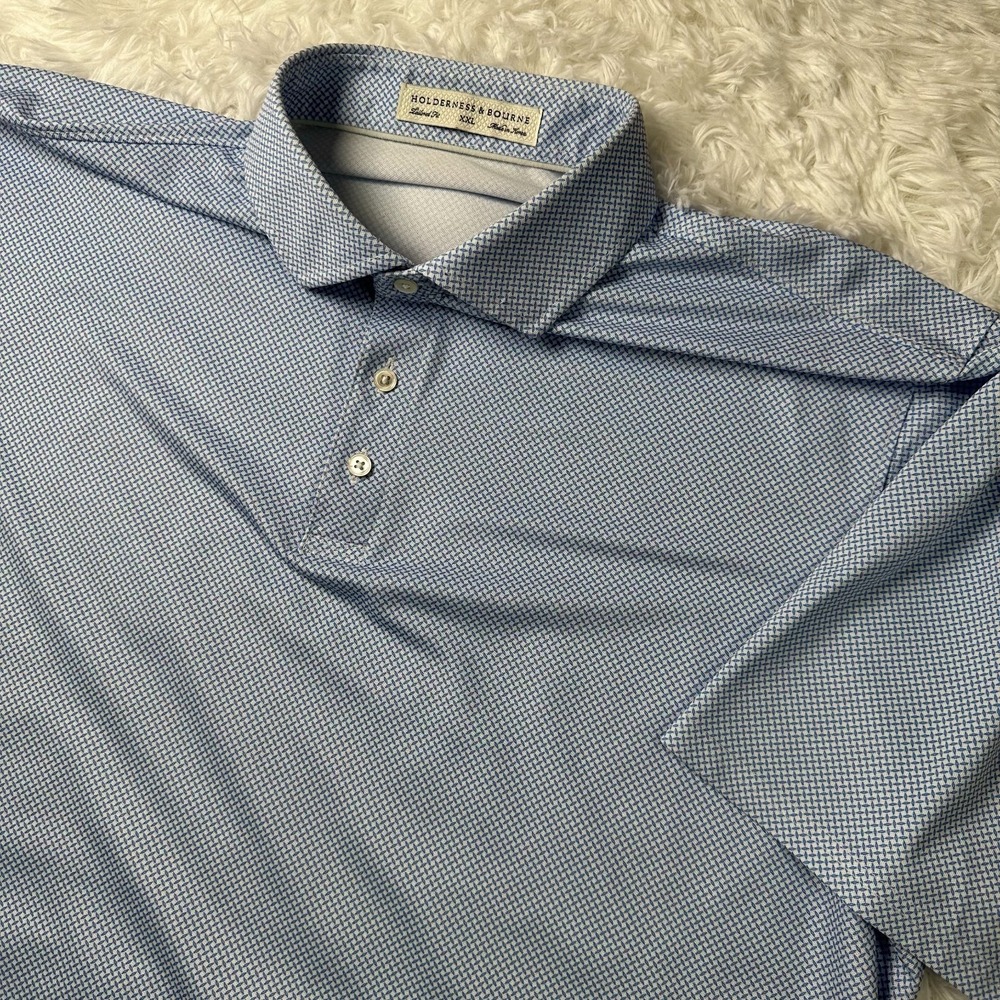 Holderness & Bourne Polo Shirt Mens XXL Blue Geometric Performance Golf Korea